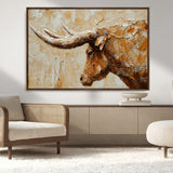 69611428-MGV-CV-36X24-Longhorn Bull Wall Art – Rustic Western Canvas Print, Textured Farmhouse Cattle Painting for Living Room, Office, or Ranch House