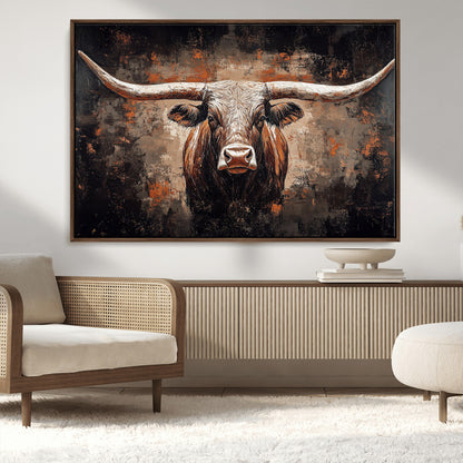 24779067-MGV-CV-36X24-Longhorn Bull Wall Art – Western Rustic Canvas Print, Bold Cowboy Cattle Painting for Ranch House, Farmhouse, Office, or Living