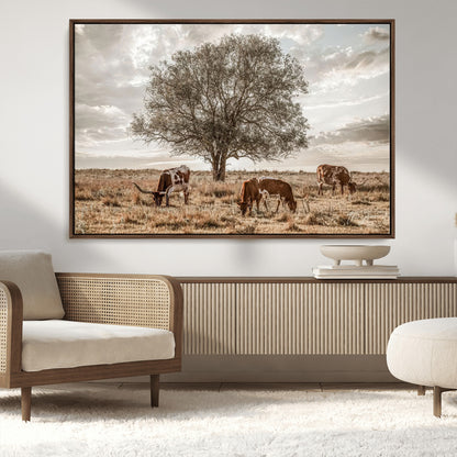 87590224-MGV-CV-36X24-Longhorn Cattle Wall Art – Rustic Western Landscape Canvas Print, Texas Farmhouse Prairie Scene for Living Room, Office, or Ranch