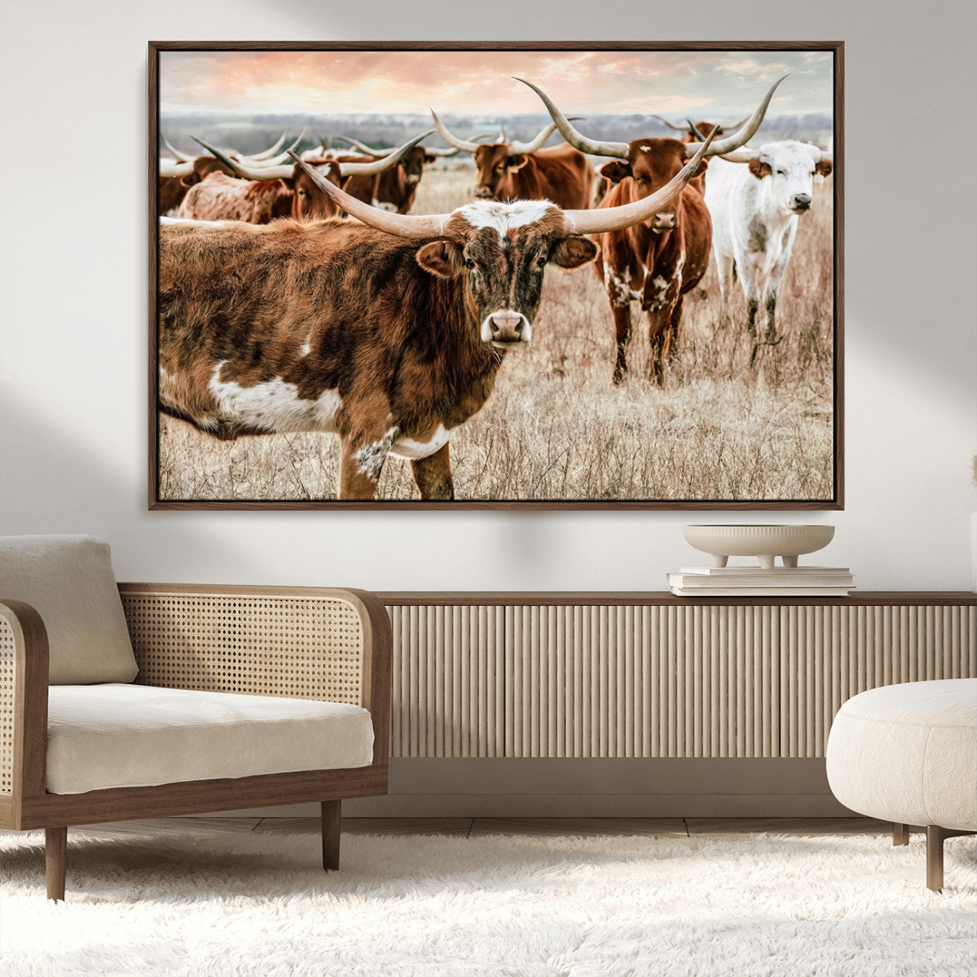 47758300-MGV-CV-36X24-Texas Longhorn Cattle Wall Art – Rustic Western Herd Canvas Print, Cowboy Ranch Farmhouse Decor for Living Room, Office, or