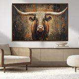 19204445-MGV-CV-36X24-Texas Longhorn Bull Wall Art – Rustic Western Canvas Print, Bold Cowboy Cattle Painting for Ranch House, Farmhouse, Office, or