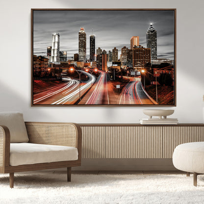 59097239-MGV-CV-36X24-City Skyline Wall Art – Modern Black and White Night Canvas Print with Red Light Trails, Urban Landscape Decor for Living Room or