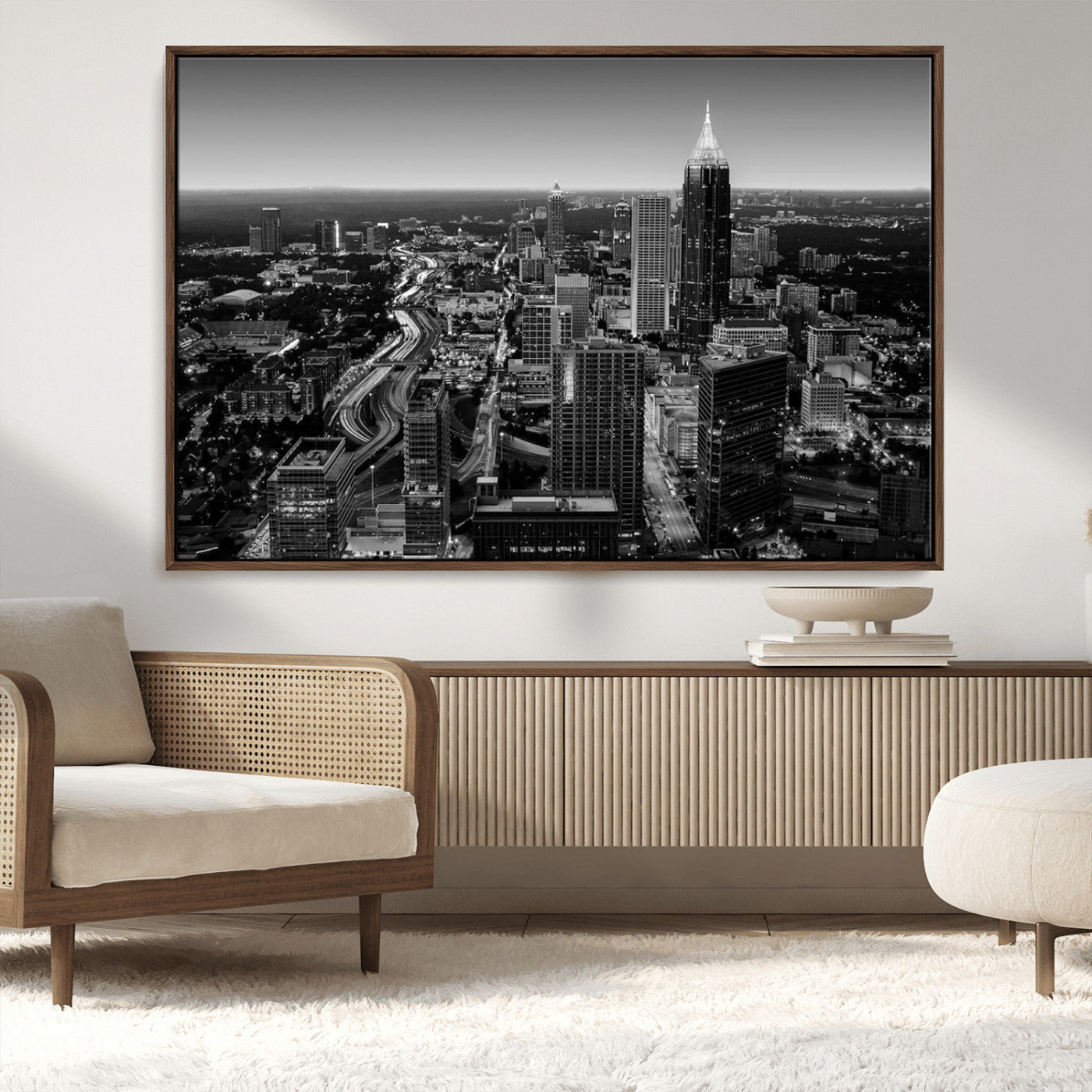 46578567-MGV-FC-36X24_Walnut-Atlanta Skyline Wall Art – Black and White Cityscape Canvas Print, Modern Urban Night Decor for Office, Living Room, or Apartment
