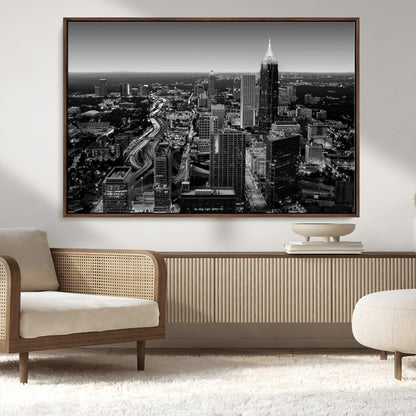 46578567-MGV-FC-36X24_Walnut-Atlanta Skyline Wall Art – Black and White Cityscape Canvas Print, Modern Urban Night Decor for Office, Living Room, or Apartment