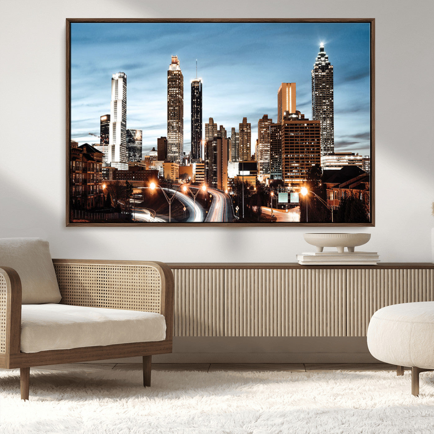 23859158-MGV-CV-36X24-Atlanta Skyline Wall Art – Modern Cityscape Canvas Print with Night Lights and Traffic Trails, Urban Decor for Office, Apartment,
