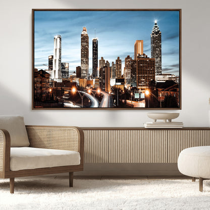 23859158-MGV-CV-36X24-Atlanta Skyline Wall Art – Modern Cityscape Canvas Print with Night Lights and Traffic Trails, Urban Decor for Office, Apartment,