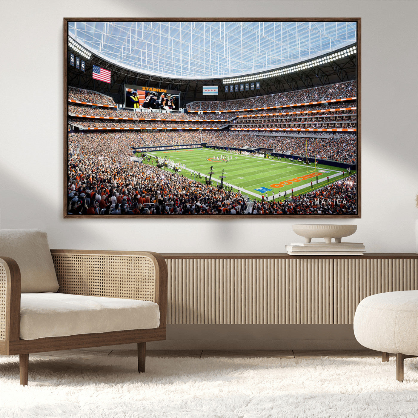 32530647-MGV-CV-36X24-Chicago Bears Stadium Wall Art – Futuristic Dome Arena Canvas Print, Modern Football Concept Design Decor for Man Cave, Bar, or
