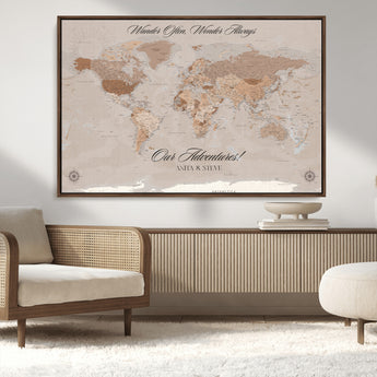 95243244-MGV-CV-36X24-Wander Often Wonder Always World Map Wall Art – Neutral Beige Adventure Canvas Print, Rustic Boho Travel Decor for Bedroom, Living