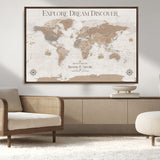 63516865-MGV-CV-36X24-Explore Dream Discover World Map Wall Art – Inspirational Travel Adventure Canvas Print, Neutral Parchment Style Explorer Decor