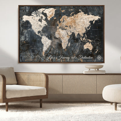 37848568-MGV-CV-36X24-Life is a Journey Not a Destination World Map Rustic Wood Texture Vintage Beige Navy Adventure Wall Art Canvas Print for Home