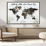 88337180-MGV-CV-36X24-Little by Little One Travels Far Tolkien Quote World Map Rustic Black Brown Adventure Wall Art Canvas Print for Home Office Living