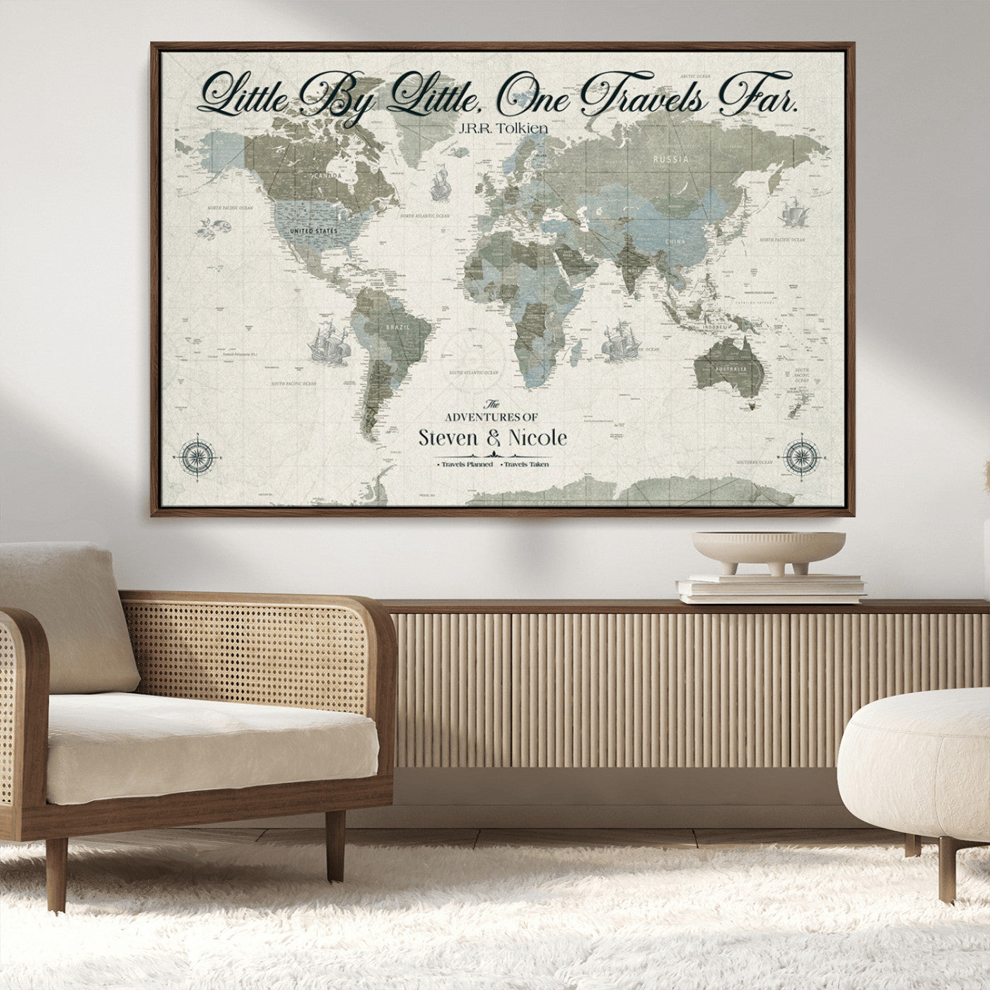 10693204-MGV-CV-36X24-Little By Little One Travels Far Tolkien Quote Blue Green World Map Adventure Wall Art Canvas Print Rustic Wanderlust Travel Decor
