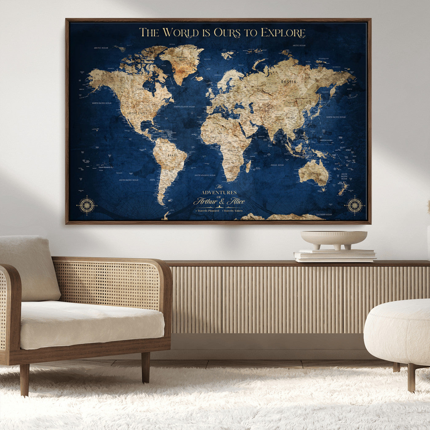 54782997-MGV-CV-36X24-The World is Ours to Explore Wall Art – Blue World Map Canvas Print, Adventure Travel Decor for Home, Office or Living Room,