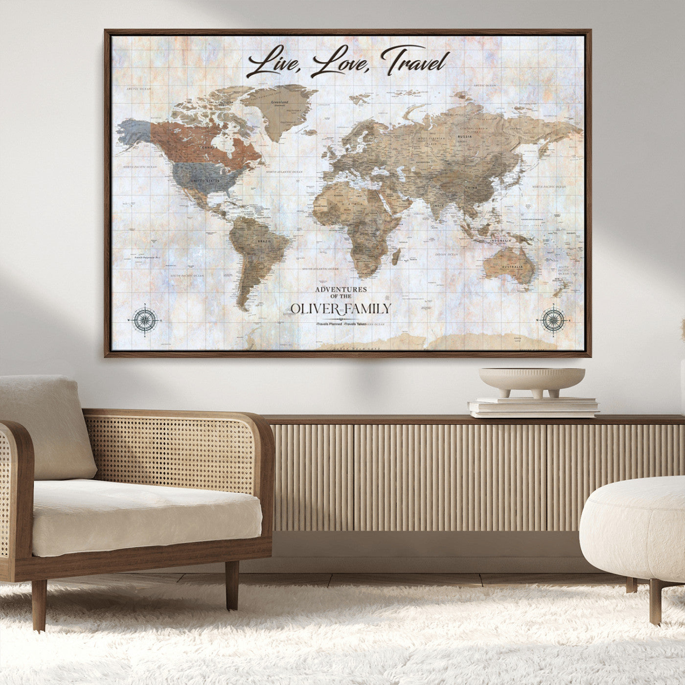 43924907-MGV-CV-36X24-Live Love Travel Wall Art – Neutral World Map Canvas Print, Rustic Adventure Decor for Home, Office or Living Room, Unique Gift