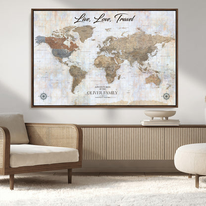 43924907-MGV-CV-36X24-Live Love Travel Wall Art – Neutral World Map Canvas Print, Rustic Adventure Decor for Home, Office or Living Room, Unique Gift