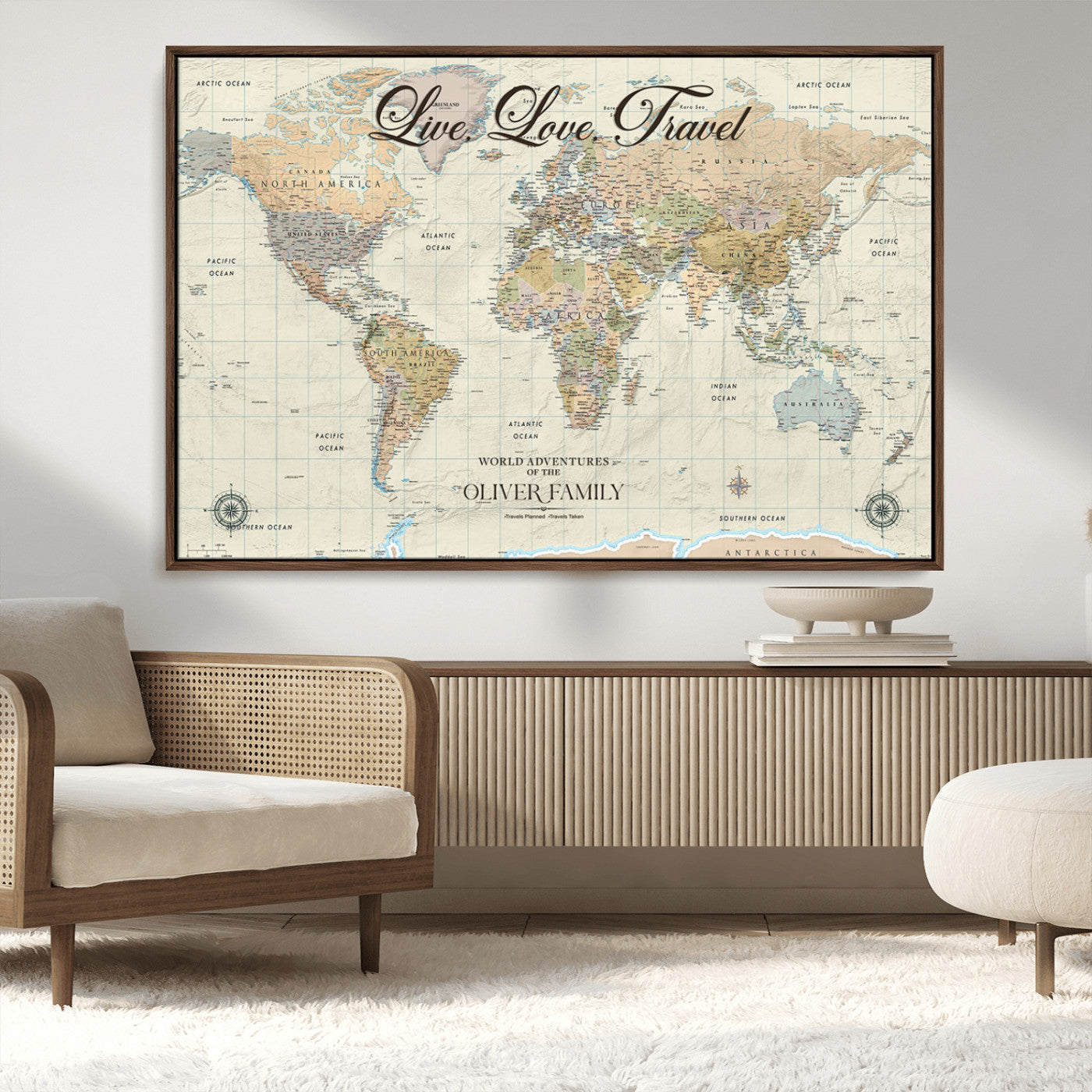 19479008-MGV-CV-36X24-Live Love Travel Wall Art – Detailed World Map Canvas Print, Adventure Decor for Living Room, Office or Bedroom, Travel Gift for