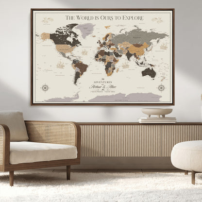 90024882-MGV-CV-36X24-The World is Ours to Explore Wall Art – Earth Tone World Map Canvas Print, Adventure Travel Decor for Living Room, Office or
