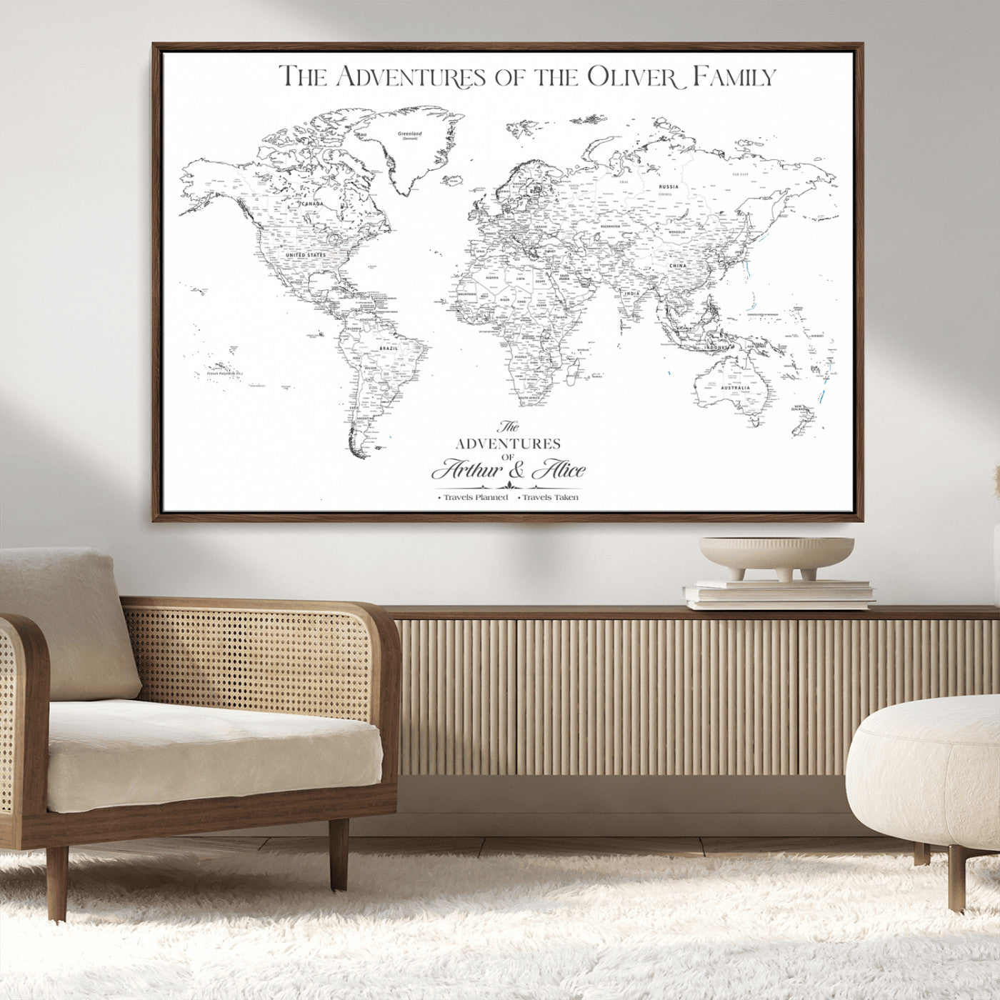 21029247-MGV-CV-36X24-Minimalist World Map Wall Art – Black and White Travel Adventure Print, Modern Family Travel Map Decor for Living Room, Bedroom,