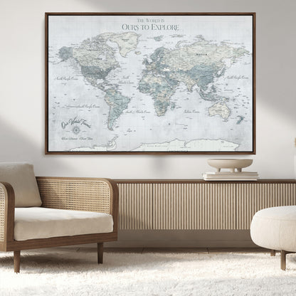 94249974-MGV-CV-36X24-Ours Explore World Map Wall Art – Modern Travel Canvas Print, Neutral Adventure Decor for Living Room, Office, Study, Bedroom,