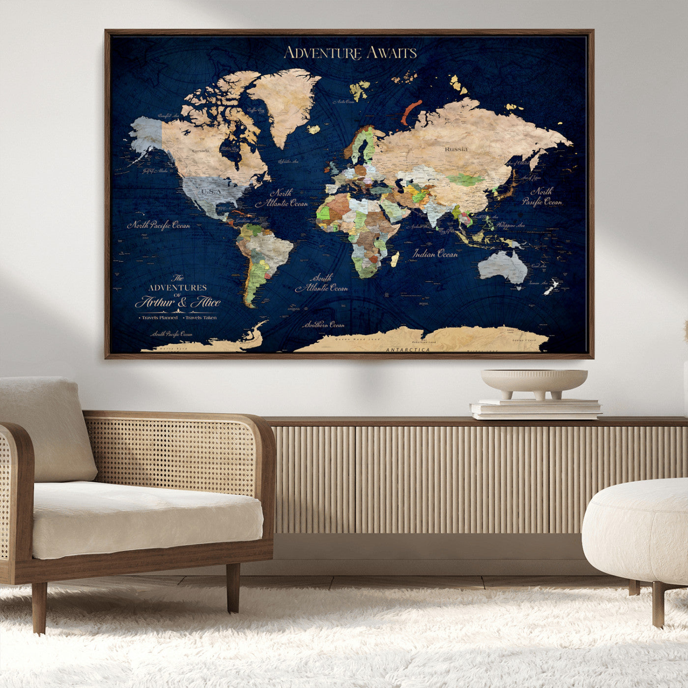 43160428-MGV-CV-36X24-Adventure Awaits Navy Blue World Map – Vibrant Travel Canvas Wall Art, Antique Atlas Print, Wanderlust Decor for Home Office