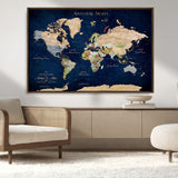 43160428-MGV-CV-36X24-Adventure Awaits Navy Blue World Map – Vibrant Travel Canvas Wall Art, Antique Atlas Print, Wanderlust Decor for Home Office