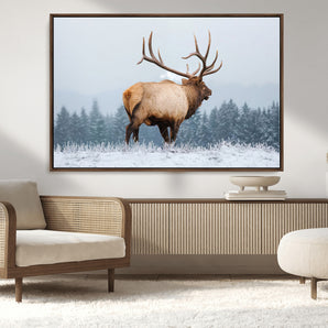 85177251-MGV-CV-36X24-Elk Wall Art – Majestic Wildlife Canvas Print of Bull Elk Snowy Forest, Rustic Nature Decor for Living Room, Cabin, or Office