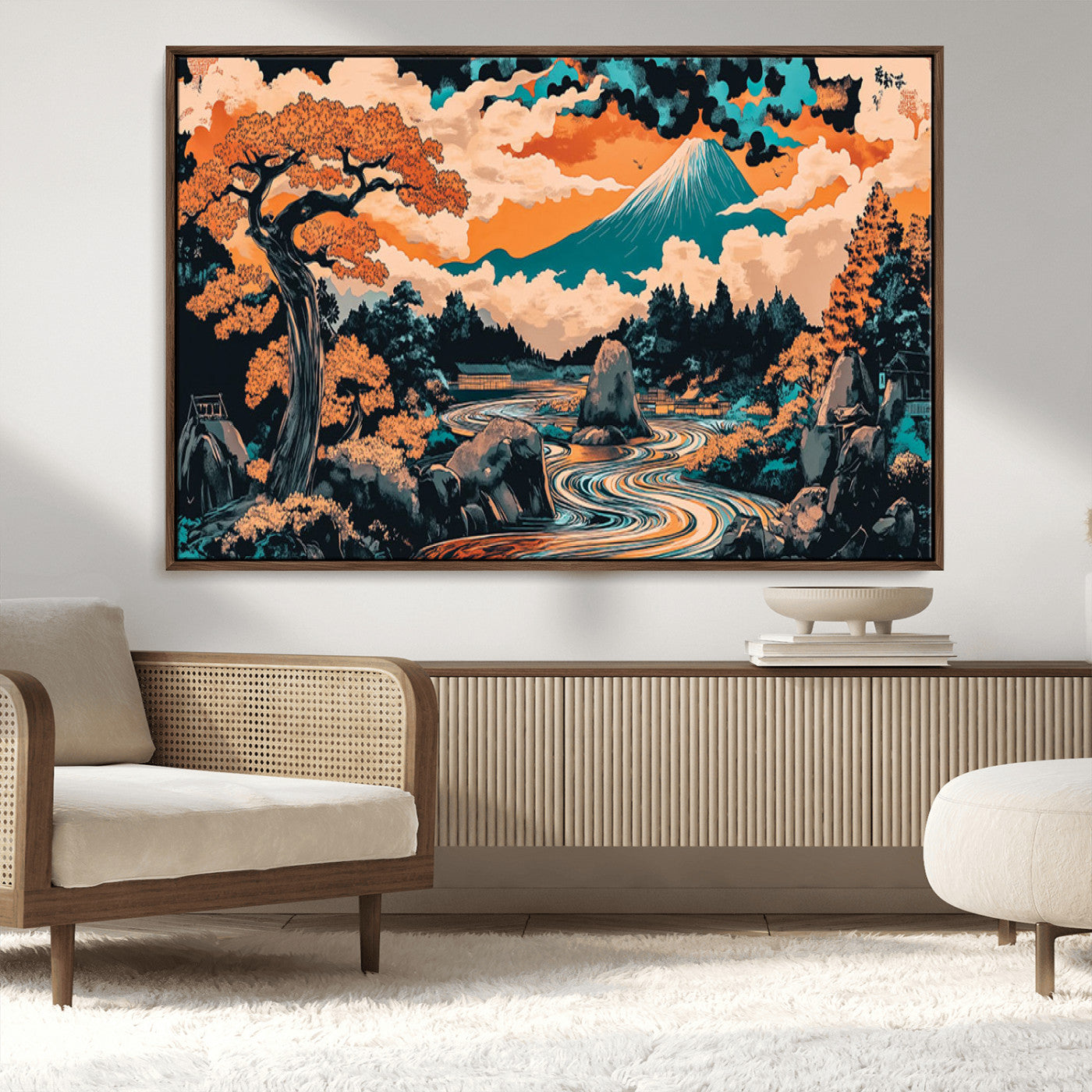 21638941-MGV-CV-36X24-Japanese Landscape Wall Art – Mount Fuji and Flowing River Ukiyo-e Style Canvas Print, Traditional Japan Inspired Artwork for