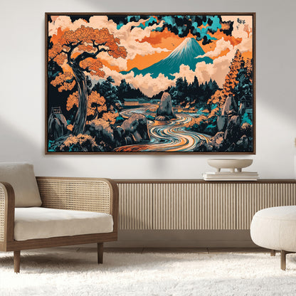 21638941-MGV-CV-36X24-Japanese Landscape Wall Art – Mount Fuji and Flowing River Ukiyo-e Style Canvas Print, Traditional Japan Inspired Artwork for