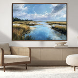 87082041-MGV-CV-36X24-Painted Marshland Canvas Wall Art – Serene Water Reflection, Blue Sky, Golden Grass Landscape, Calm Nature Decor for Home, Office,