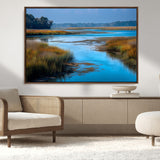 26300004-MGV-CV-36X24-Marshland Landscape Wall Art – Scenic Nature Canvas Print with Golden Grass and Blue Water, Peaceful River Photography for Living