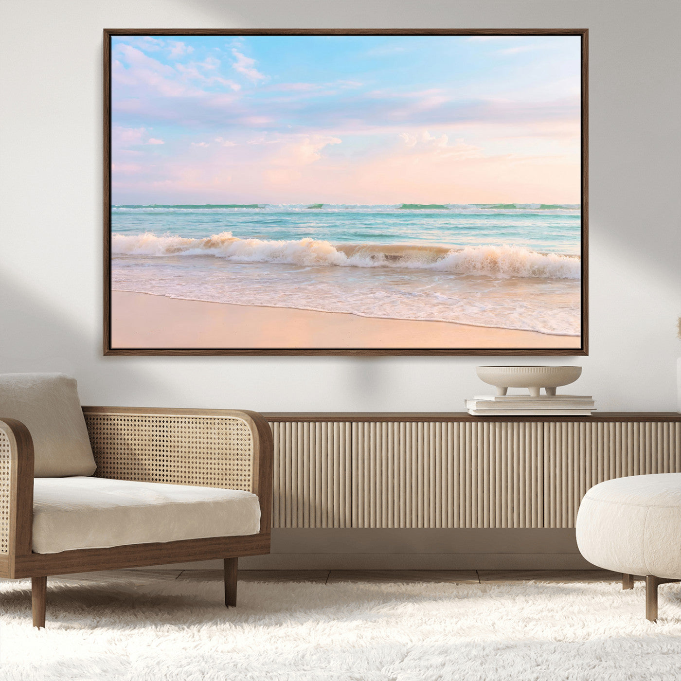 88024944-MGV-CV-36X24-Beach Landscape Wall Art – Coastal Ocean Canvas Print with Gentle Waves and Pastel Sky, Serene Seascape Photography for Living