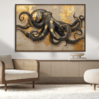 57944271-MGV-CV-36X24-Octopus Wall Art – Black and Gold Nautical Canvas Print, Modern Ocean Inspired Artwork with Elegant Detailing, Coastal Marine