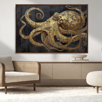 47056538-MGV-CV-36X24-Octopus Canvas Wall Art – Gold Detail, Wooden Texture, Marine Life, Ocean Creature Tentacles, Nautical Coastal Rustic Decor for