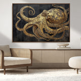 47056538-MGV-CV-36X24-Octopus Wall Art – Gold Nautical Canvas Print with Rustic Wood Texture, Marine Creature Artwork for Coastal Ocean Decoration in