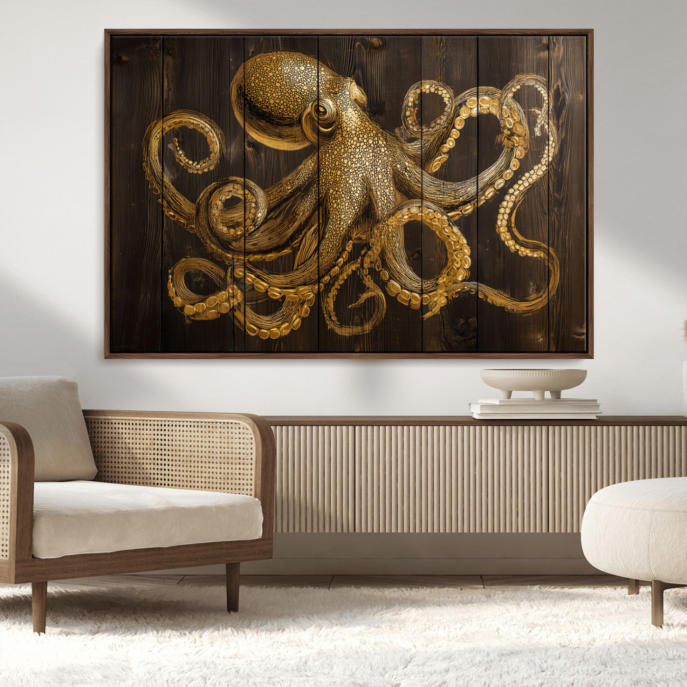 56769669-MGV-CV-36X24-Octopus Wall Art – Gold Nautical Canvas Print with Rustic Wood Panel Design, Detailed Marine Artwork for Coastal Ocean Decoration
