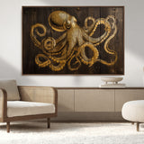 56769669-MGV-CV-36X24-Octopus Wall Art – Gold Nautical Canvas Print with Rustic Wood Panel Design, Detailed Marine Artwork for Coastal Ocean Decoration