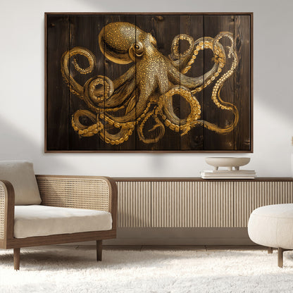 56769669-MGV-CV-36X24-Octopus Wall Art – Gold Nautical Canvas Print with Rustic Wood Panel Design, Detailed Marine Artwork for Coastal Ocean Decoration
