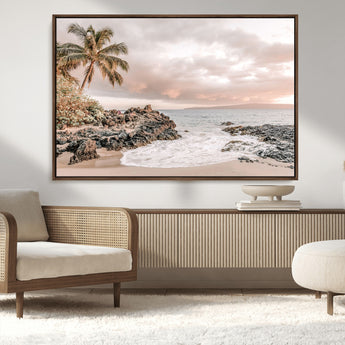 18005328-MGV-CV-36X24-Tropical Beach Canvas Wall Art – Palm Tree, Rocky Shoreline, Ocean Waves, Sunset Clouds, Calm Sea, Island Nature Relaxation for