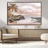18005328-MGV-CV-36X24-Tropical Beach Wall Art – Coastal Ocean Canvas Print with Palm Tree, Sunset Sky and Rocky Shore, Serene Seascape Photography for