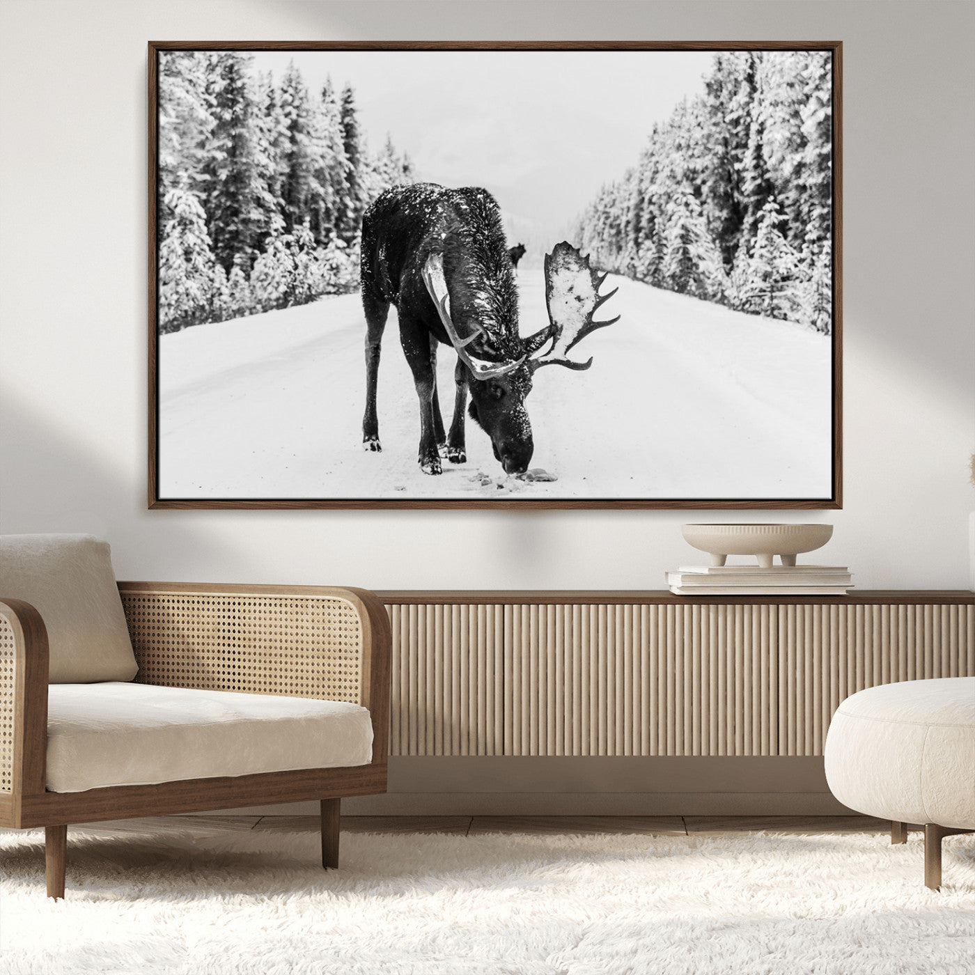 38956835-MGV-CV-36X24-Moose Winter Snowy Forest Canvas Wall Art – Wildlife Nature, Antlers in Frozen Landscape, Quiet Path, Cold Season Outdoors Print