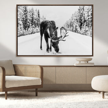 38956835-MGV-CV-36X24-Moose Wall Art – Black and White Wildlife Canvas Print with Snowy Forest Road, Rustic Nature Photography for Cabin, Lodge, Living