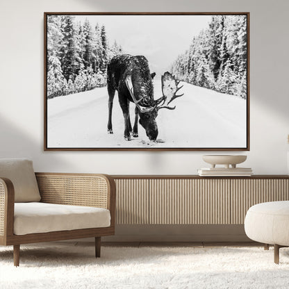 38956835-MGV-CV-36X24-Moose Wall Art – Black and White Wildlife Canvas Print with Snowy Forest Road, Rustic Nature Photography for Cabin, Lodge, Living