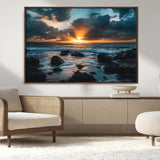 66040852-MGV-CV-36X24-Ocean Sunset Canvas Wall Art – Rocky Shore Waves, Dramatic Clouds, Golden Sun Rays, Coastal Nature, Serene Water Reflection for