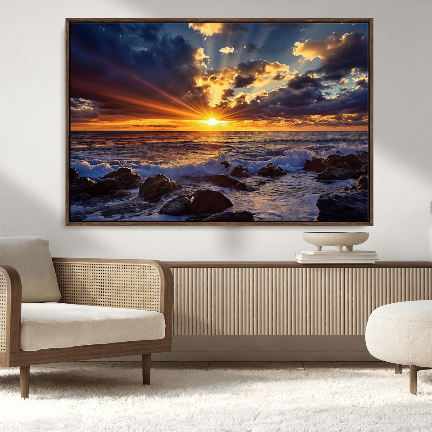 35900590-MGV-CV-36X24-Ocean Sunset Wall Art – Vivid Seascape Canvas Print with Sunburst Sky, Crashing Waves and Rocky Shore, Dramatic Coastal