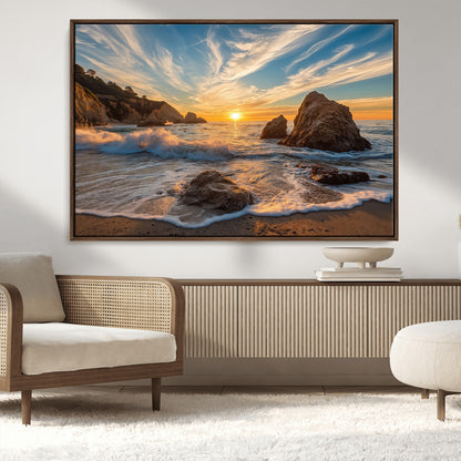 85659923-MGV-CV-36X24-Rocky Ocean Sunset Canvas Wall Art – Seaside Dramatic Seascape Print, Coastal Modern Decor, Ocean Sunset Art for Living Room or