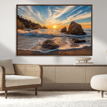 85659923-MGV-CV-36X24-Ocean Sunset Wall Art – Dramatic Seascape Canvas Print with Cliffs, Crashing Waves and Golden Sky, Bold Coastal Photography for