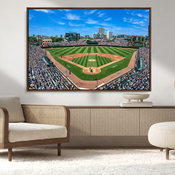 56213978-MGV-CV-36X24-Wrigley Field Baseball Stadium Canvas Wall Art – Packed Crowd Sports Stadium Print, City Skyline Baseball Field Canvas for Game