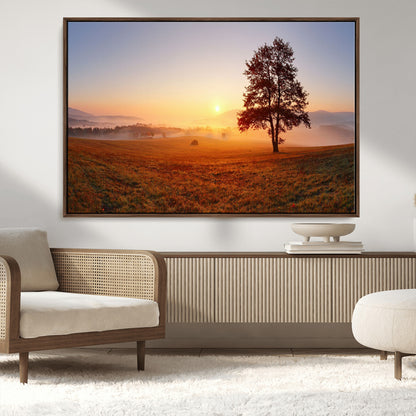 57919623-MGV-CV-36X24-Golden Sunrise Landscape Canvas Wall Art - Framed Misty Field Print, Large Nature Canvas for Living Room, Office, or Home Decor
