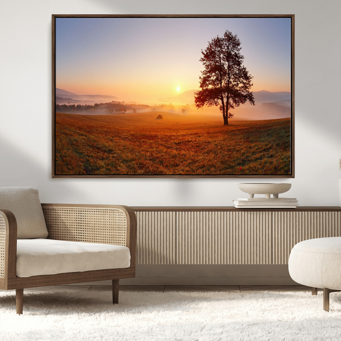 57919623-MGV-CV-36X24-Sunrise Landscape Wall Art – Golden Morning Canvas Print with Tree, Misty Hills and Open Field, Peaceful Nature Photography for