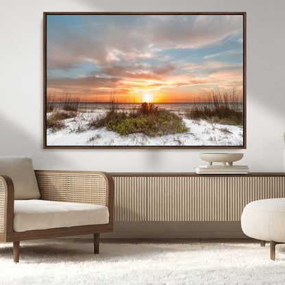 58266230-MGV-CV-36X24-Beach Sunset Wall Art – Coastal Canvas Print with Sandy Dunes, Sea Grass and Golden Sky, Serene Ocean Landscape Photography for